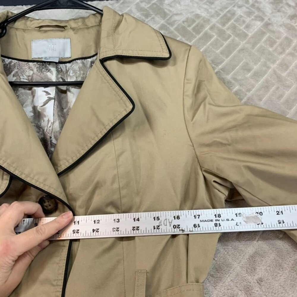 H&M Womens 12 Trench Coat Tan Knee Length Belted Wide Lapel Timeless Minimalist - Picture 10 of 16